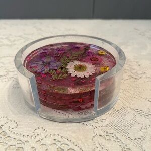 Beautiful Handmade Floral Resin Coaster Set with Holder
